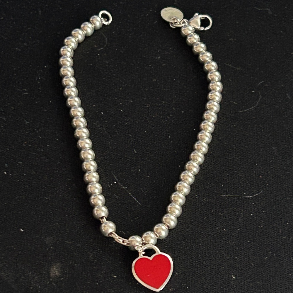Return to Tiffany Red Enamel Heart Tag Silver Bead Bracelet 7” Authentic S925